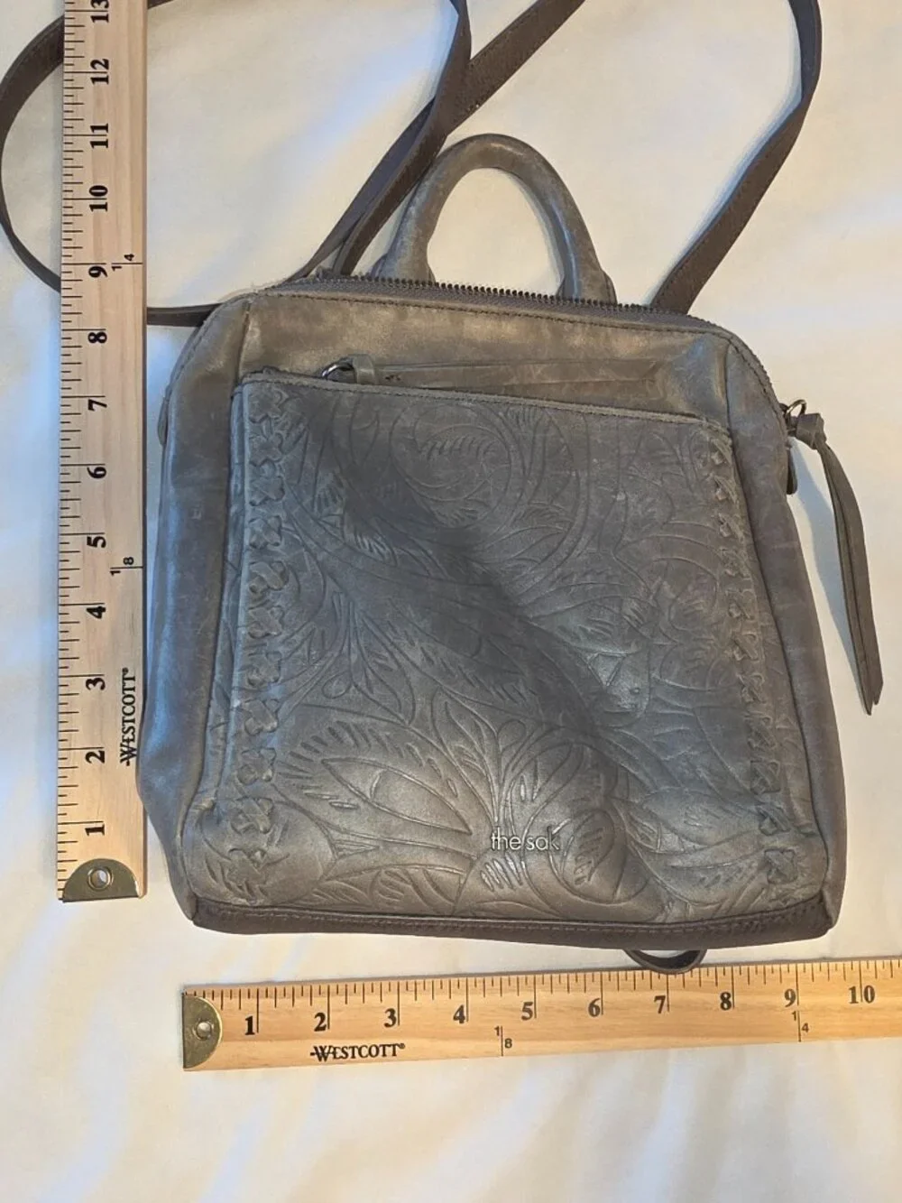 The Sak Loyola Leather Mini Convertible Backpack Floral Embossed Gray Neutral